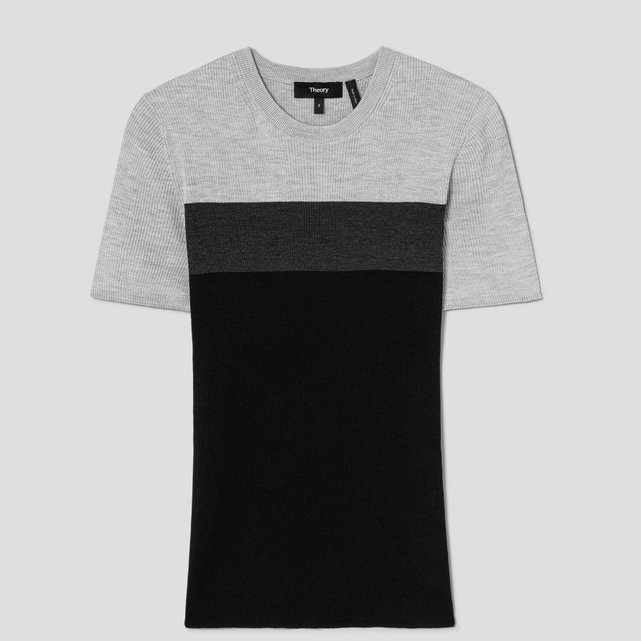 Theory Women Washable Silk Rib Basic Tee - Black Multi