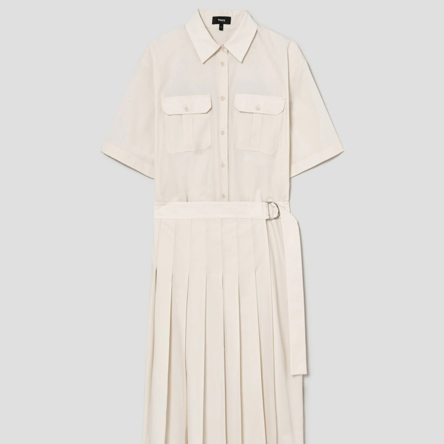 Theory Women Sleek Poplin Pleats Wrap Dress - Eggshell