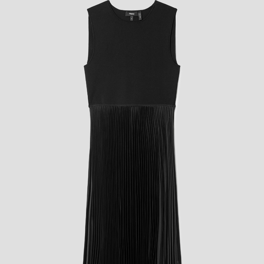 Theory Women Satin Texture Combo Pleated Dresss - Black