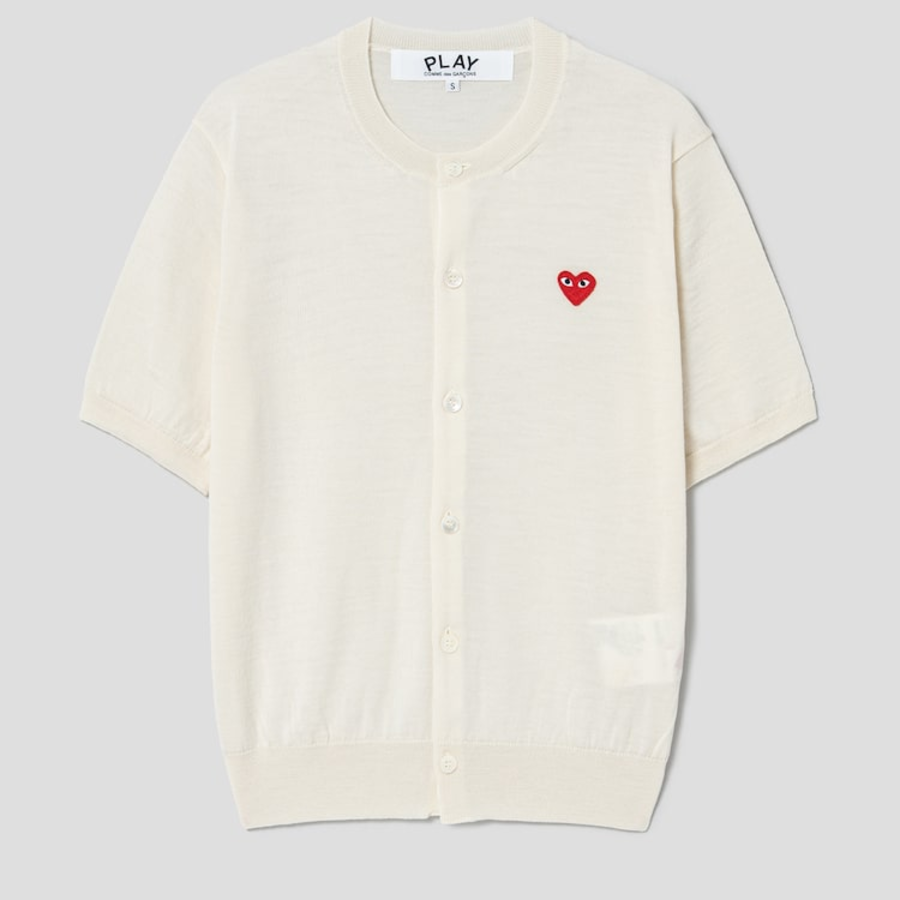 PLAY COMME DES GARÇONS (Unisex) Red Heart Wappen Short Sleeve Cardigan – White