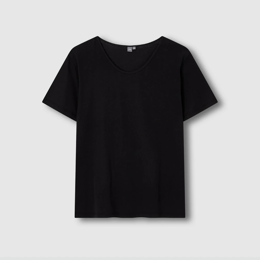 JAJU Cotton Twisted Yarn U-Neck Short Sleeve T-Shirt – Black