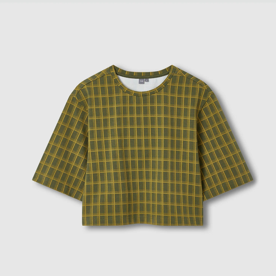 JAJU Check Crop Loose Fit T-Shirt – Dark Khaki