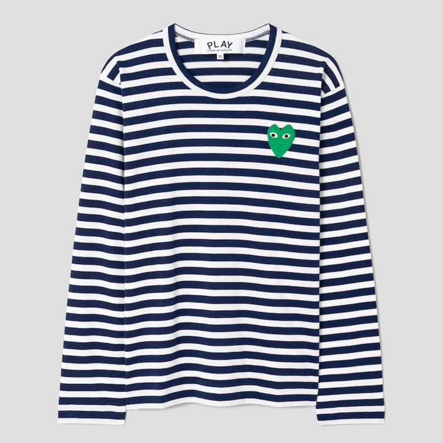 PLAY COMME des GARÇONS (Unisex) Green Heart Wappen Striped Long Sleeve T-Shirt – Navy
