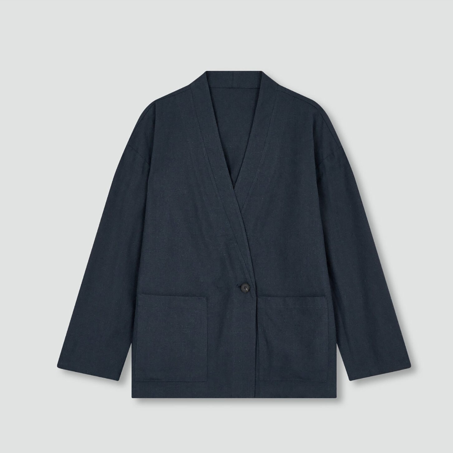 JAJU Loose Fit Robe-Style Pocket Shirt – Navy