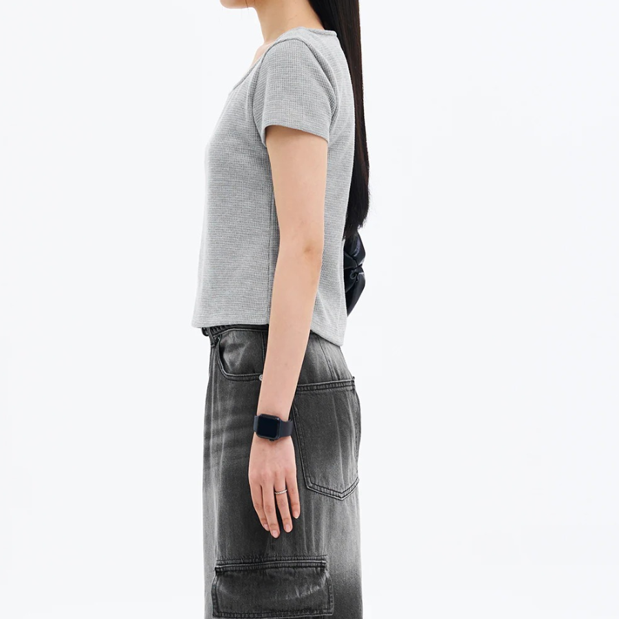 8 seconds Waffle Solid Square Neck T-shirt — Grey
