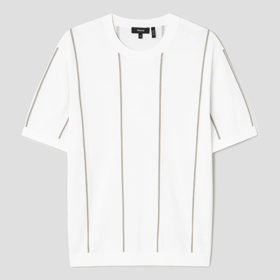Theory Men Tactile Cotton Stripe Crew Neck Sweater - White Multi