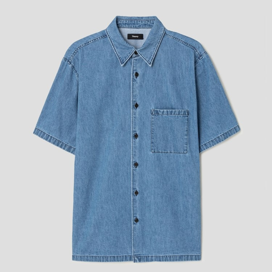 Theory Men Summer Denim Noll Short Sleeve Shirt - Light Wash