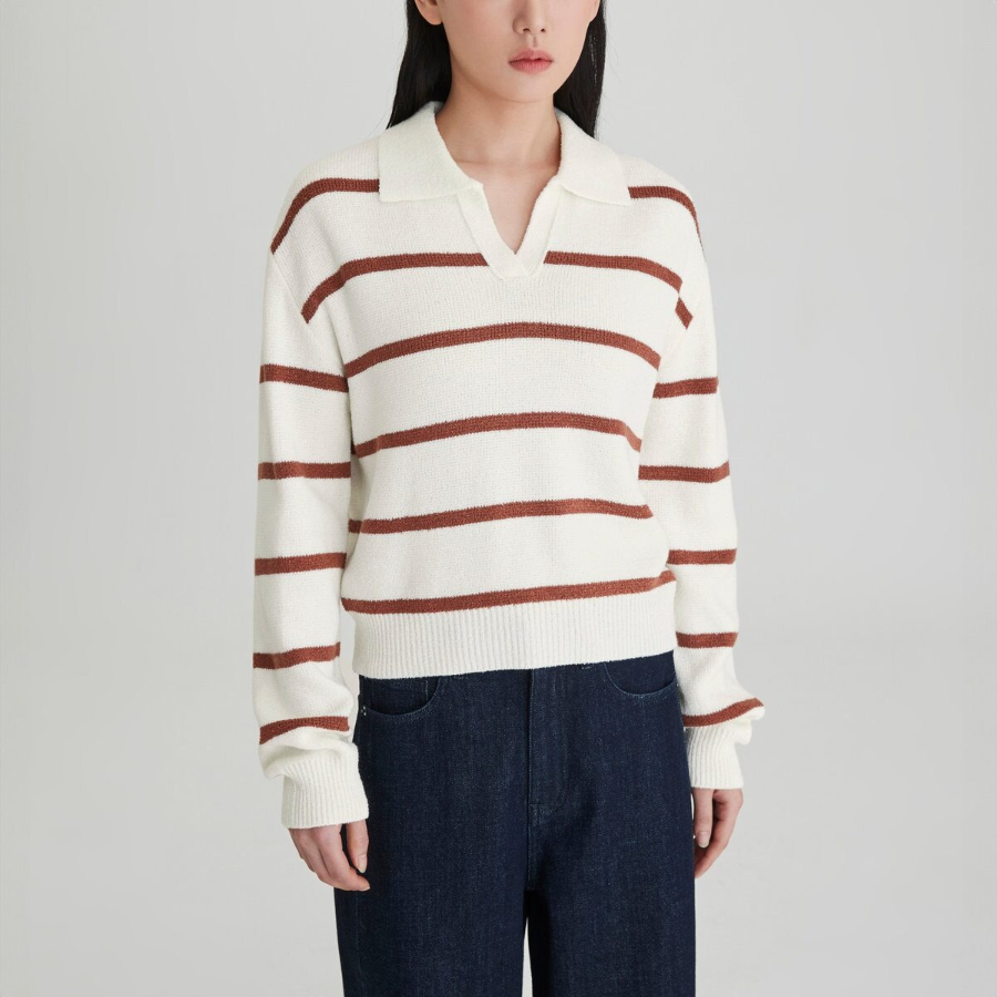 JAJU Stripe Collar Cardigan – Light Brown