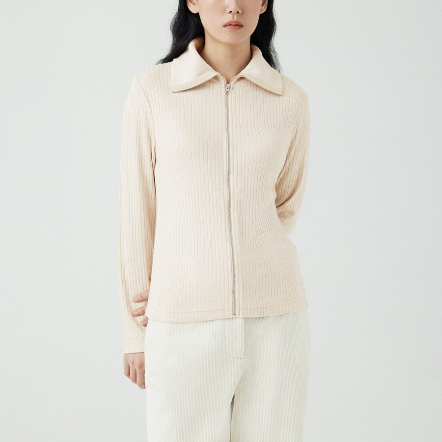 JAJU Hairy Ribbed Zip-Up Cardigan – Beige