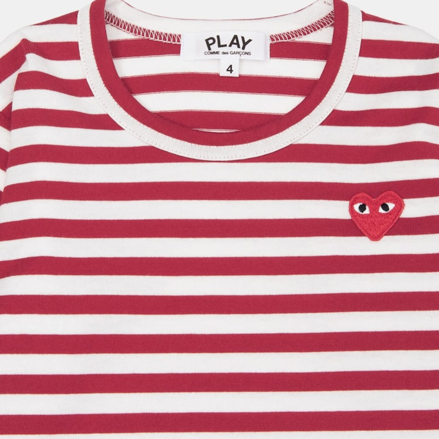 PLAY COMME DES GARÇONS (Kids) Red Heart Wappen Stripe T-shirt – Red/White