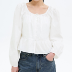 8 seconds Cotton Neck Shirring Long Sleeve Blouse — White