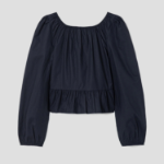 8 seconds Cotton Neck Shirring Long Sleeve Blouse — Navy