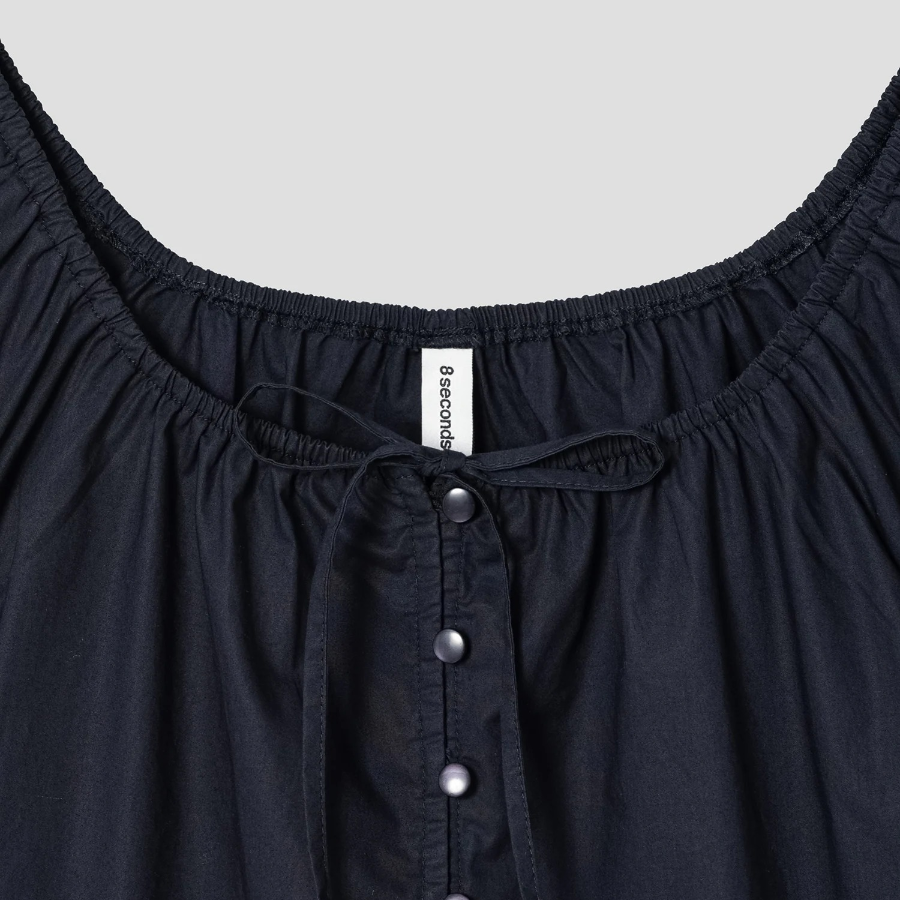 8 seconds Cotton Neck Shirring Long Sleeve Blouse — Navy