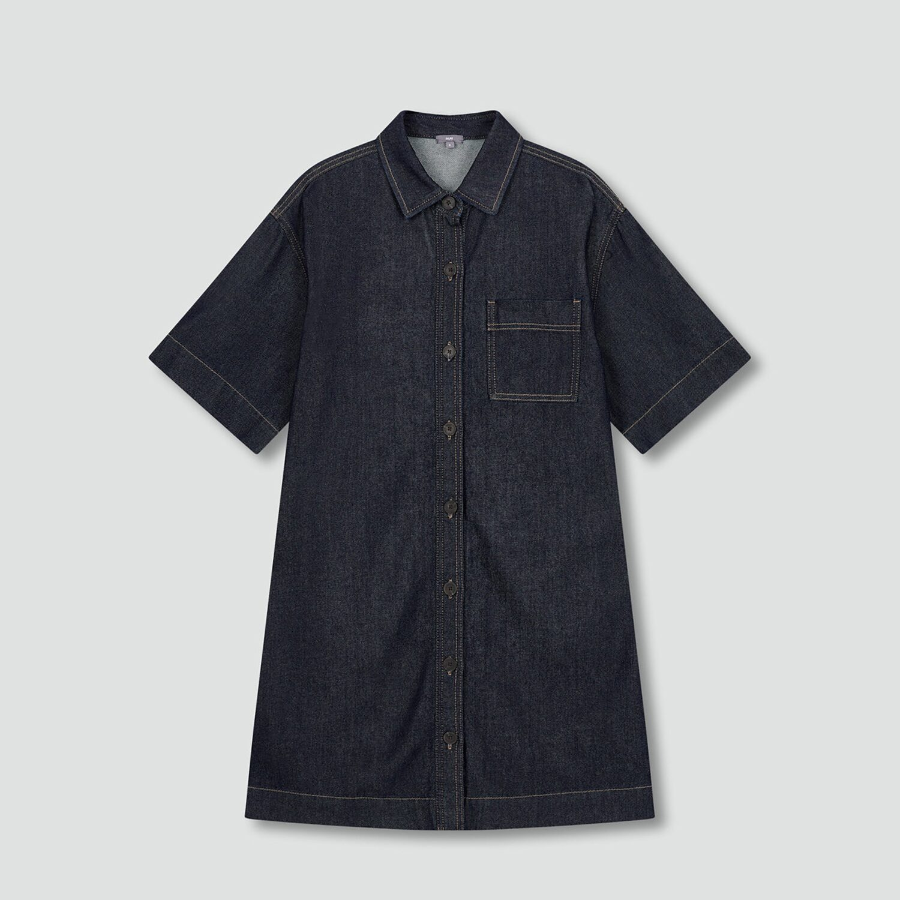 JAJU Collar Denim Half-Sleeve Dress – Navy