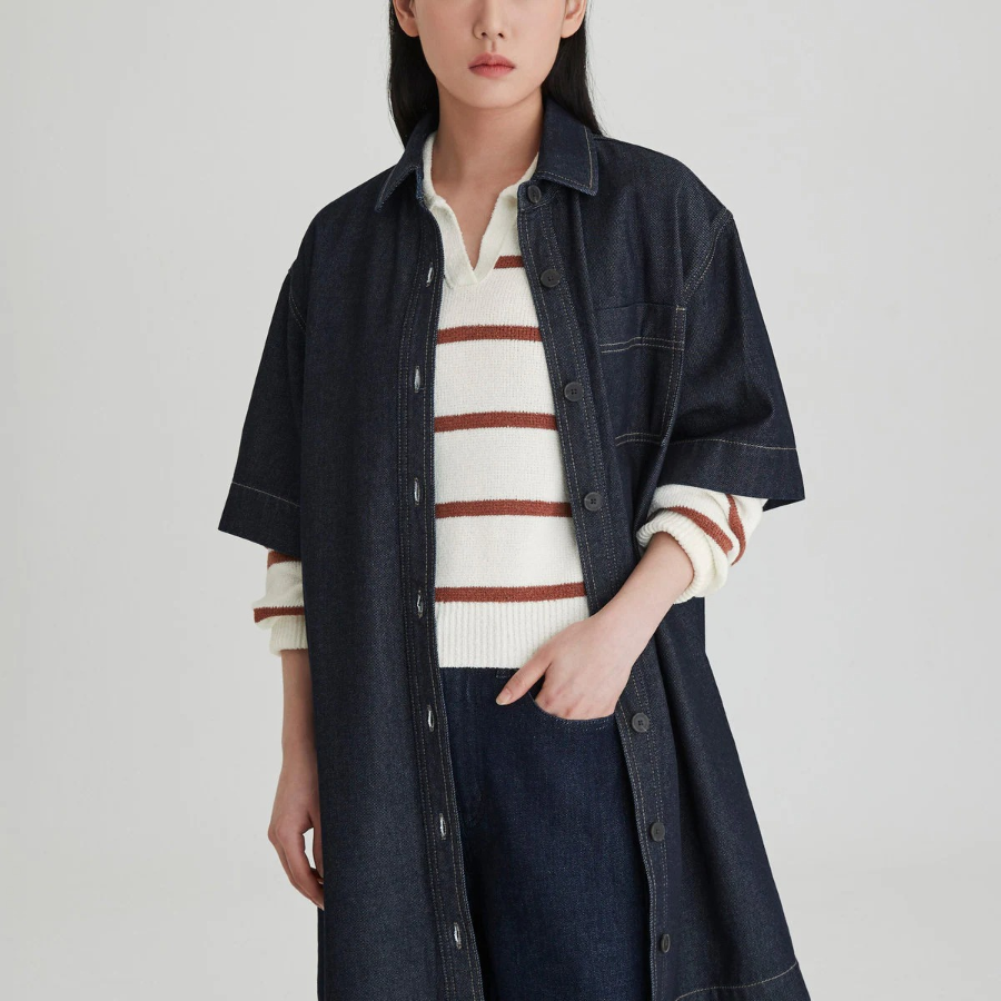 JAJU Collar Denim Half-Sleeve Dress – Navy