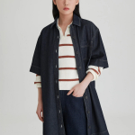 JAJU Collar Denim Half-Sleeve Dress – Navy