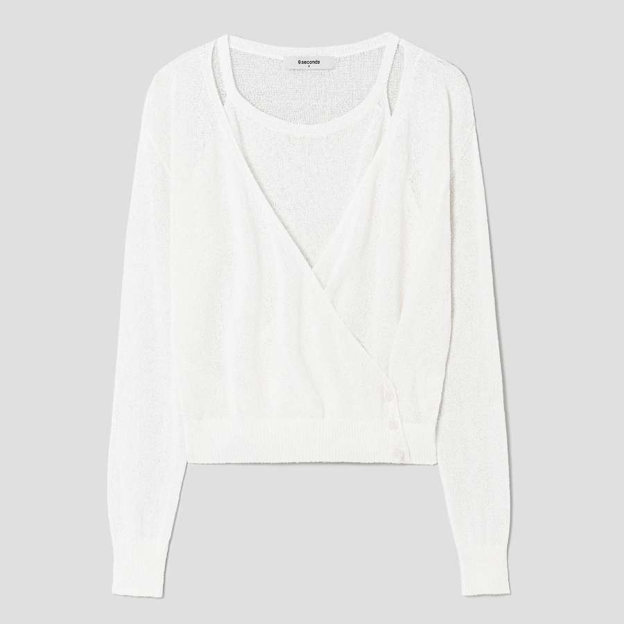 8 seconds Paper Yarn Halterneck Sleeveless Layered Cardigan — White