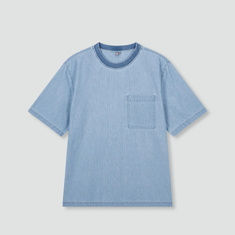 JAJU Men’s Chambray Denim Short Sleeve T-Shirt – Light Blue
