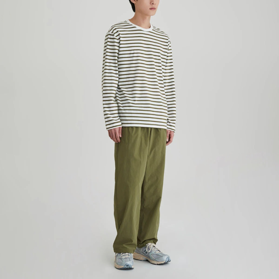 JAJU Men’s Striped Cotton Long Sleeve T-Shirt – Olive/White