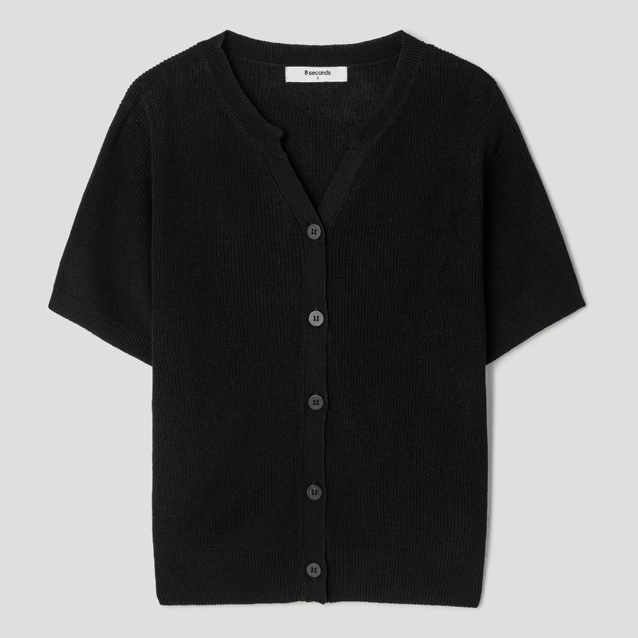 8 seconds Linen Blend Round Neck Short Sleeve Cardigan — Black
