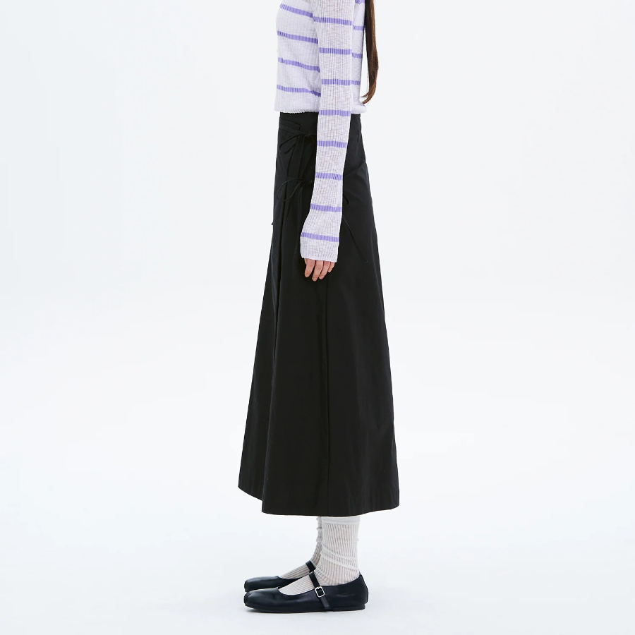 8 seconds 40s Cotton Nylon Ribbon Wrap Long Skirt - Black