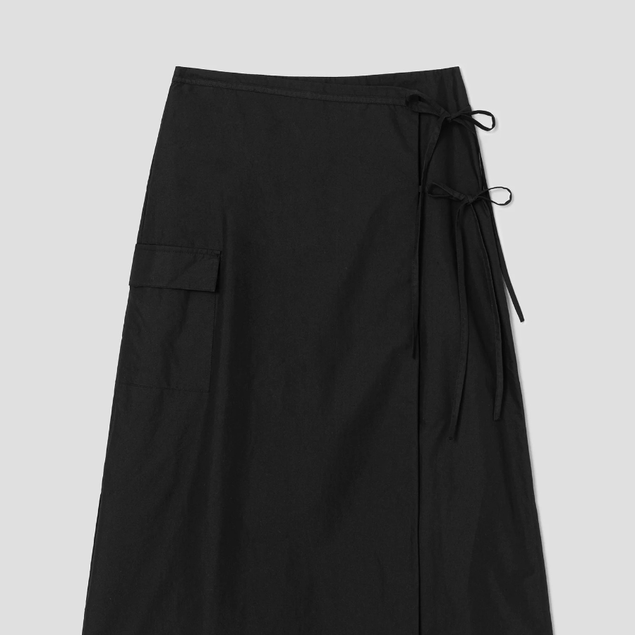 8 seconds 40s Cotton Nylon Ribbon Wrap Long Skirt - Black