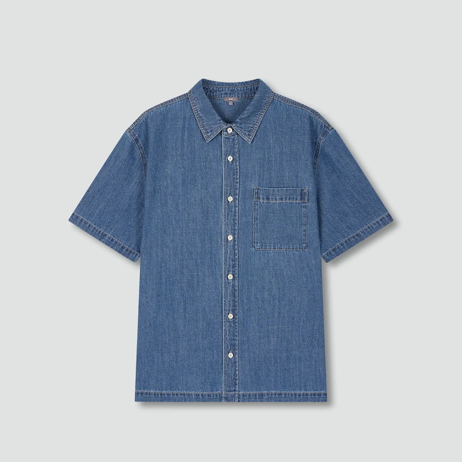 JAJU Men’s Chambray Denim Short Sleeve Shirt – Blue