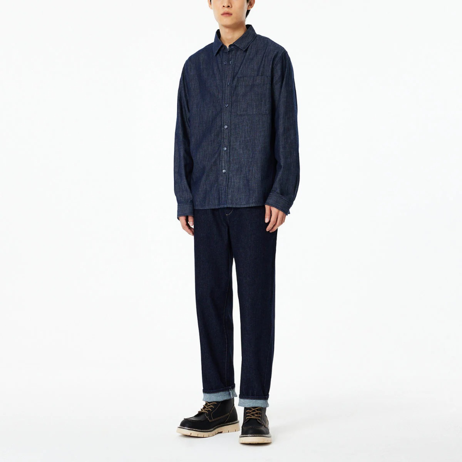 JAJU Men’s Loose Fit Chambray Denim Shirt – Navy