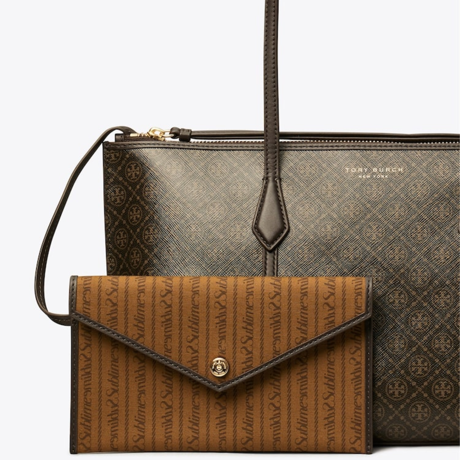 TORY BURCH Perry Coated Canvas Small Zip Tote – Brown