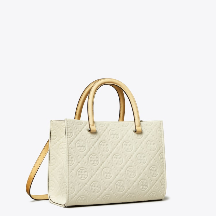 TORY BURCH T Monogram Pebble Square Tote – Warm White