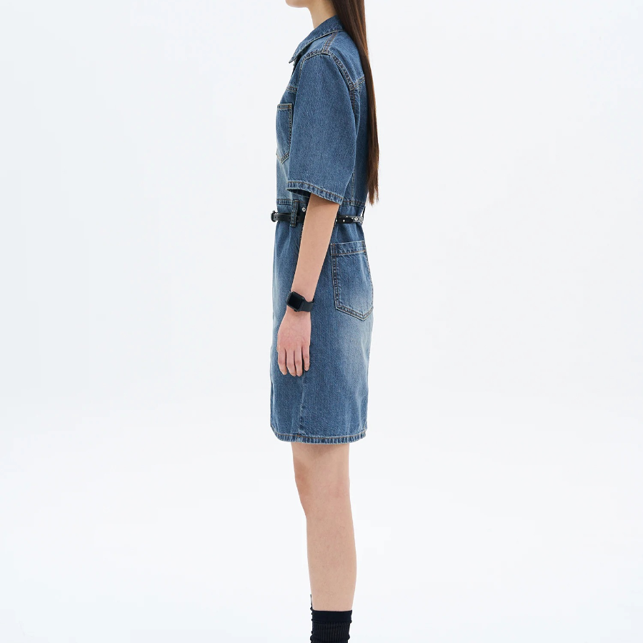 8 seconds Shirt Style Short Sleeve Denim Dress — Blue