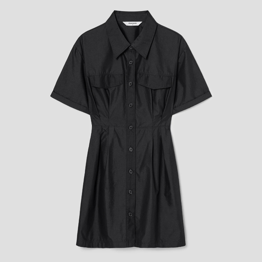 8 seconds 40s Cotton Blend Shirt Mini Dress — Black