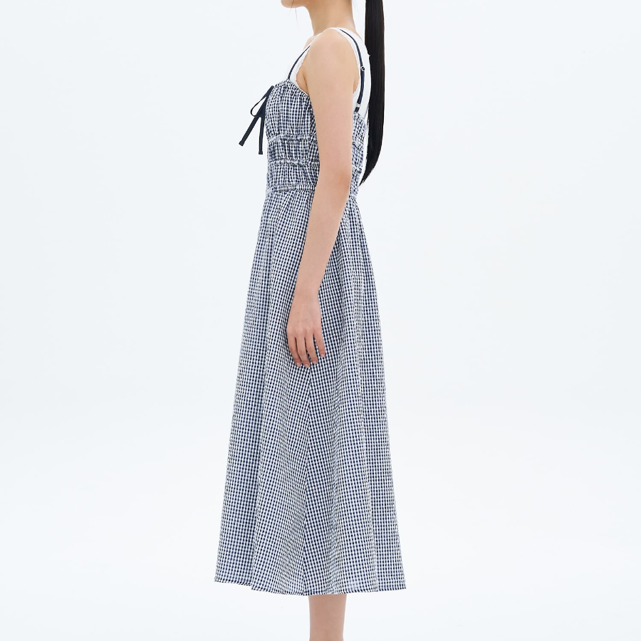8 seconds Check Smocking Dress — Navy