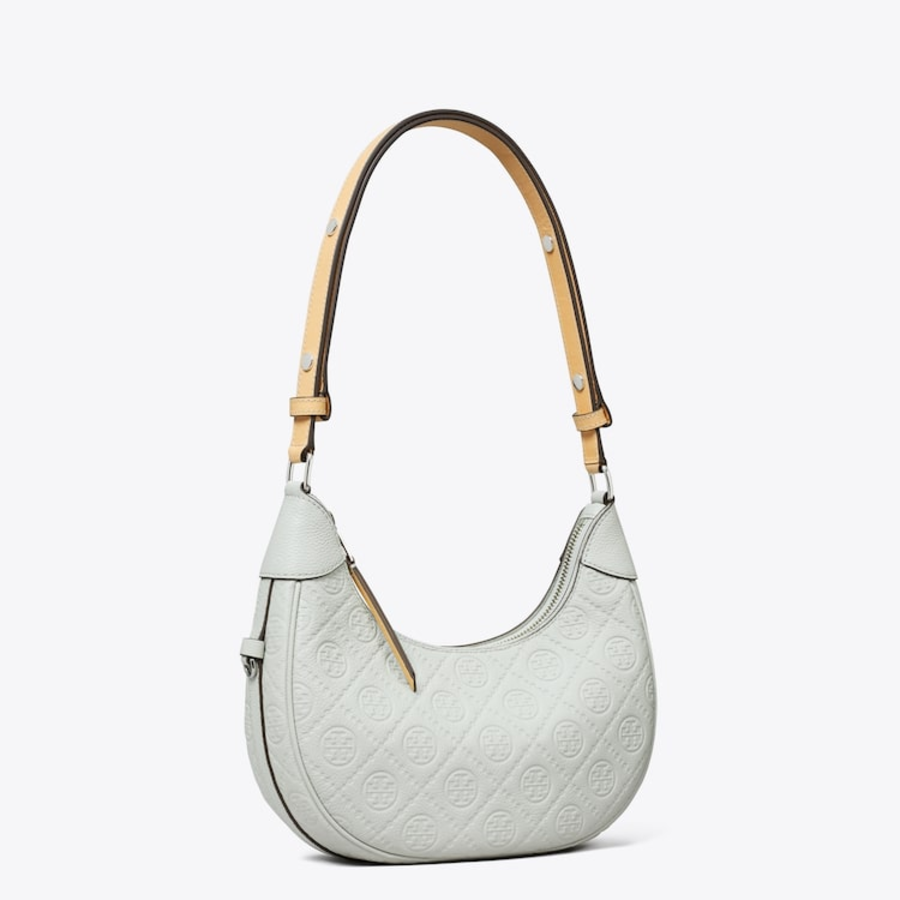 TORY BURCH T Monogram Pebble Crescent Bag – Titanium
