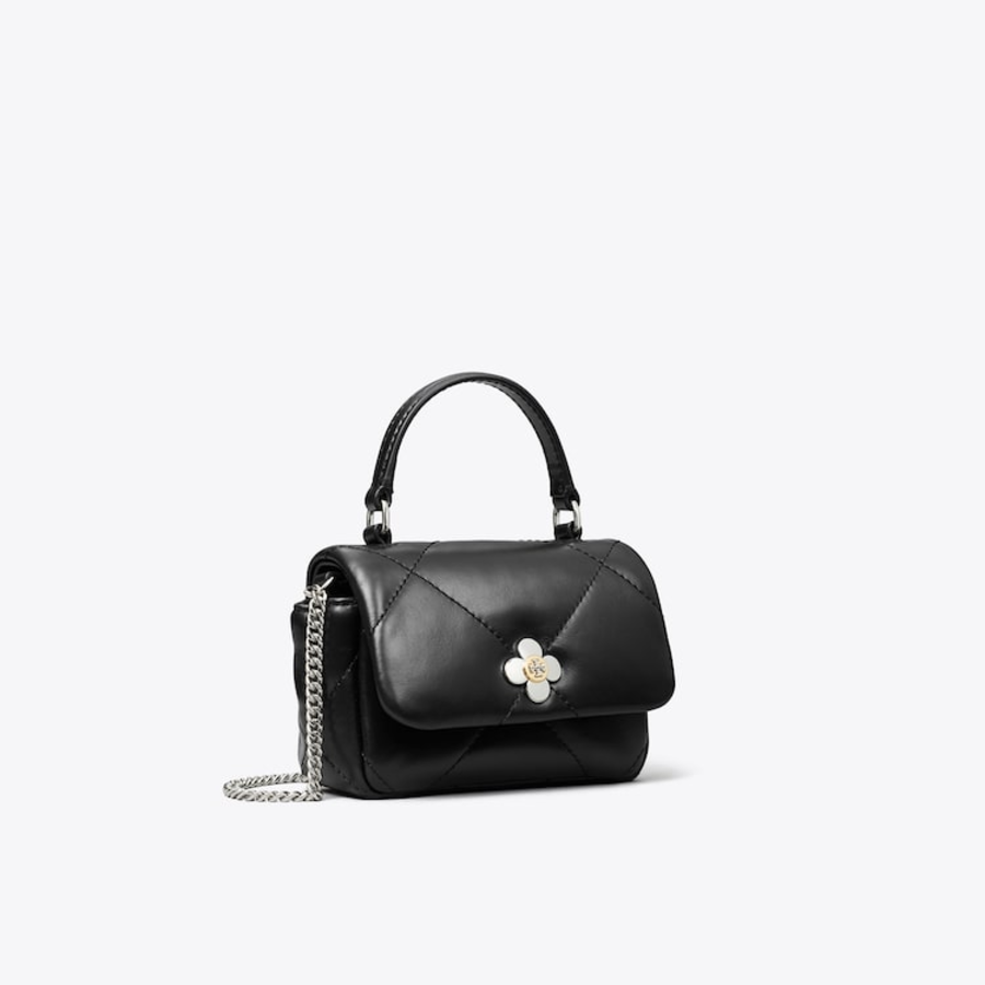 TORY BURCH Kira Clover Diamond Quilt Micro Top Handle Chain Wallet – Black