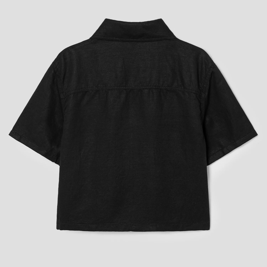 8 seconds Linen Blend Short Sleeve Crop Shacket — Black
