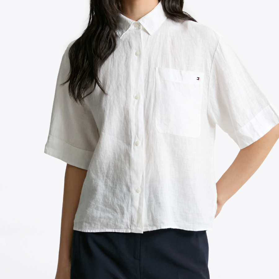 TOMMY HILFIGER [Official Headquarters] Boxy Crop Linen Shirt (T22F3WSH093WT1YCF)