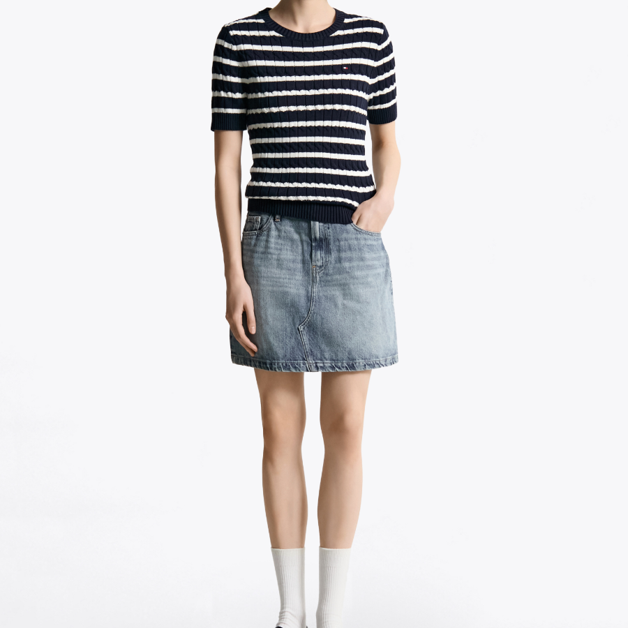 TOMMY HILFIGER [Official Headquarters] Slim Cable Knit Short-Sleeve Sweater