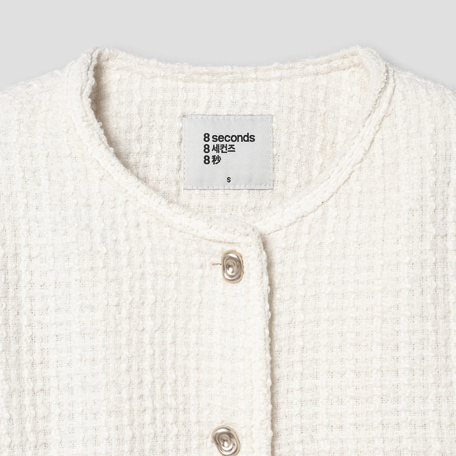 8 seconds Round-Neck Textured Tweed Short Jacket – Ivory