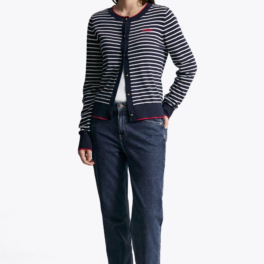 TOMMY HILFIGER [Official Headquarters] Striped Logo Crew Neck Cardigan