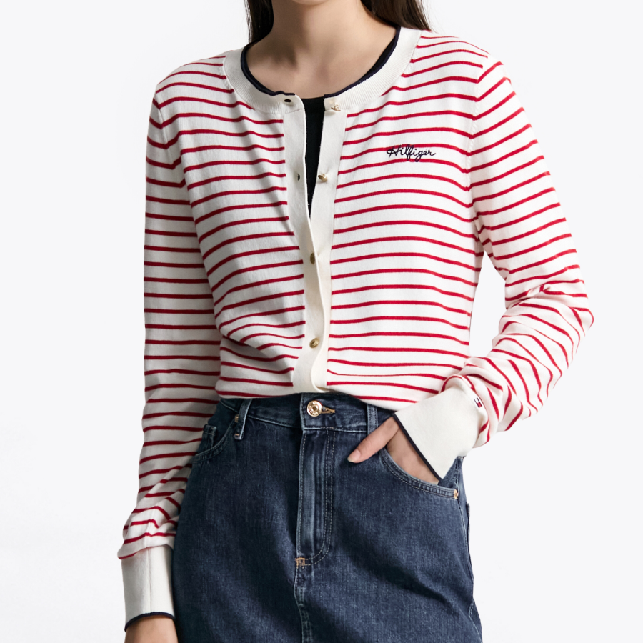 TOMMY HILFIGER [Official Headquarters] Striped Logo Crew Neck Cardigan