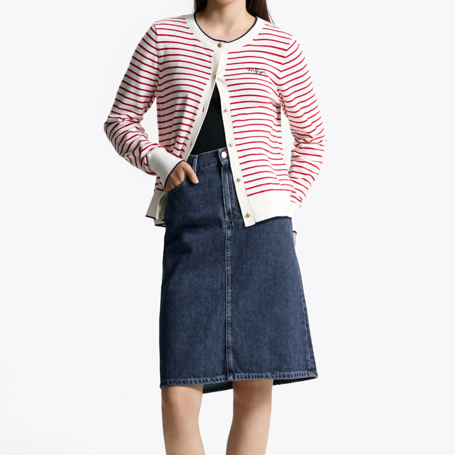 TOMMY HILFIGER [Official Headquarters] Striped Logo Crew Neck Cardigan