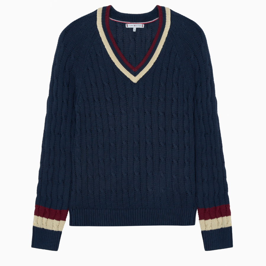 TOMMY HILFIGER [Official Headquarters] Varsity Cable V-Neck Sweater