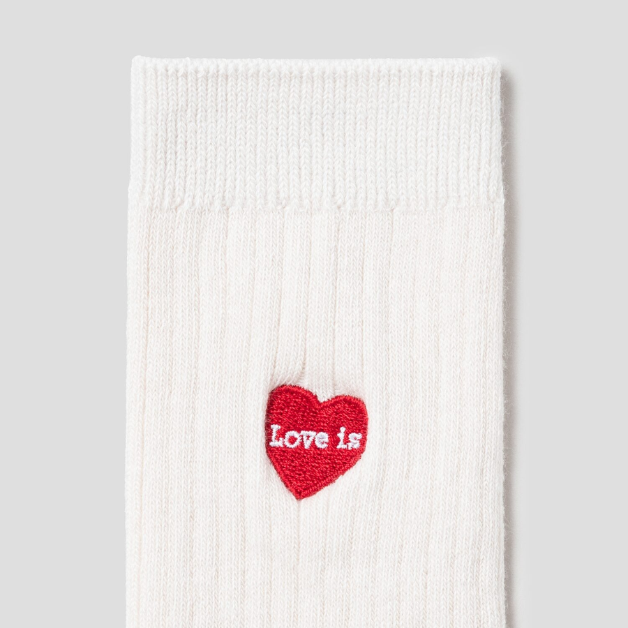 8 seconds Heart Embroidered Ribbed Socks — Ivory