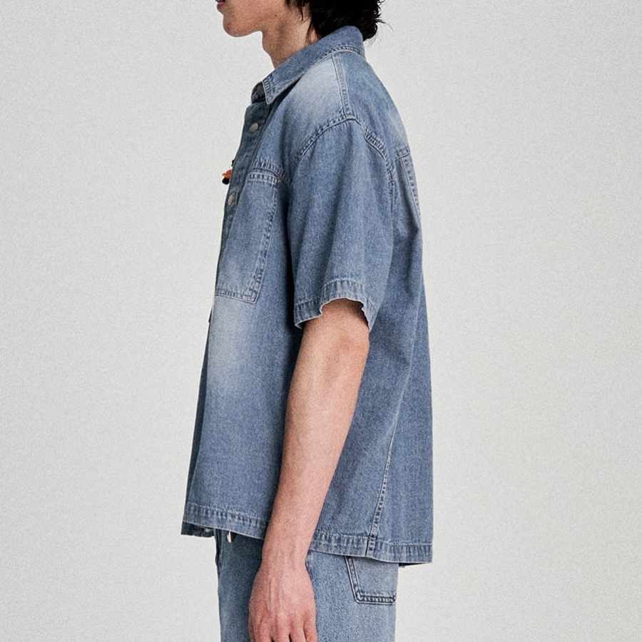8 seconds Lightweight Pocket Detail Short-Sleeve Denim Shirt — Blue
