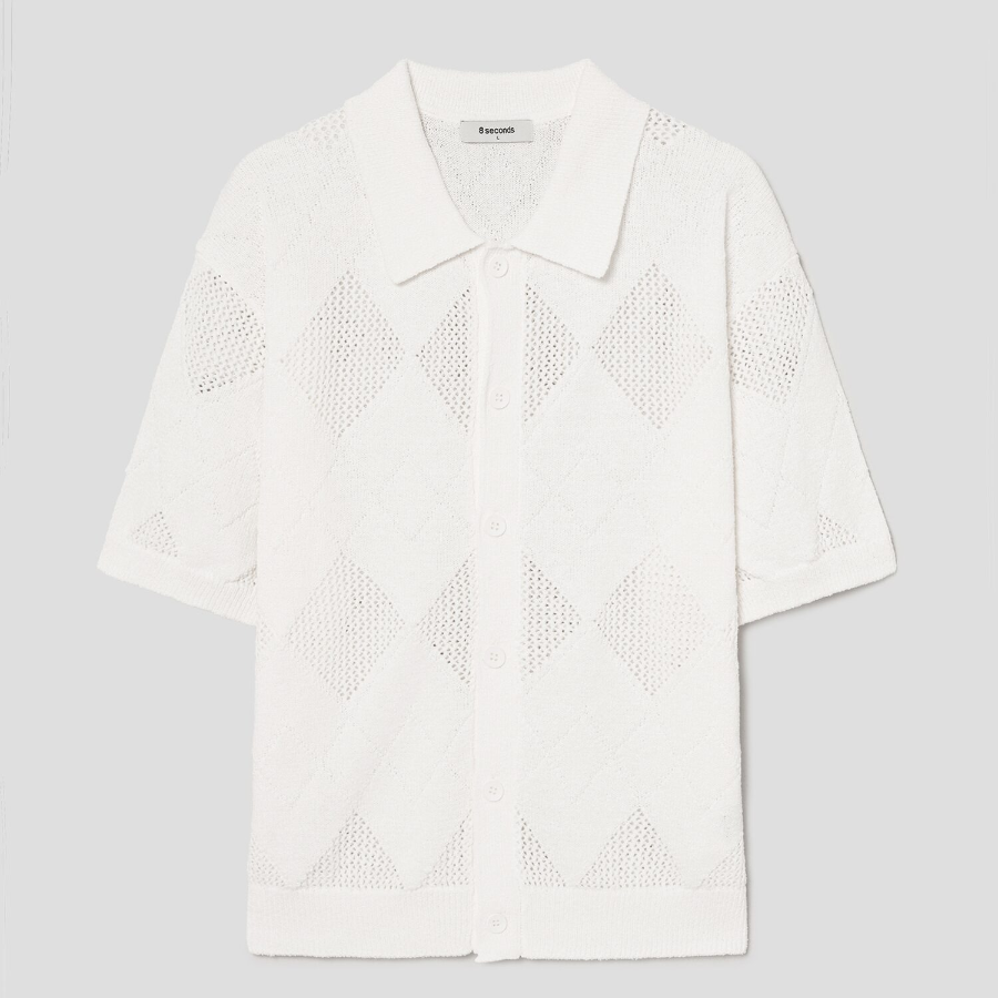 8 seconds Crochet Texture Collar Short Sleeve Cardigan — Ivory