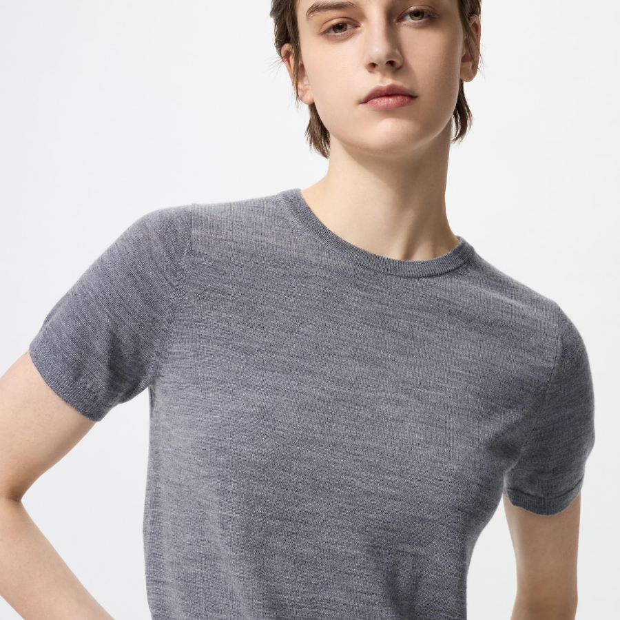 Uniqlo Шерстяной свитер с круглым вырезом и короткими рукавами