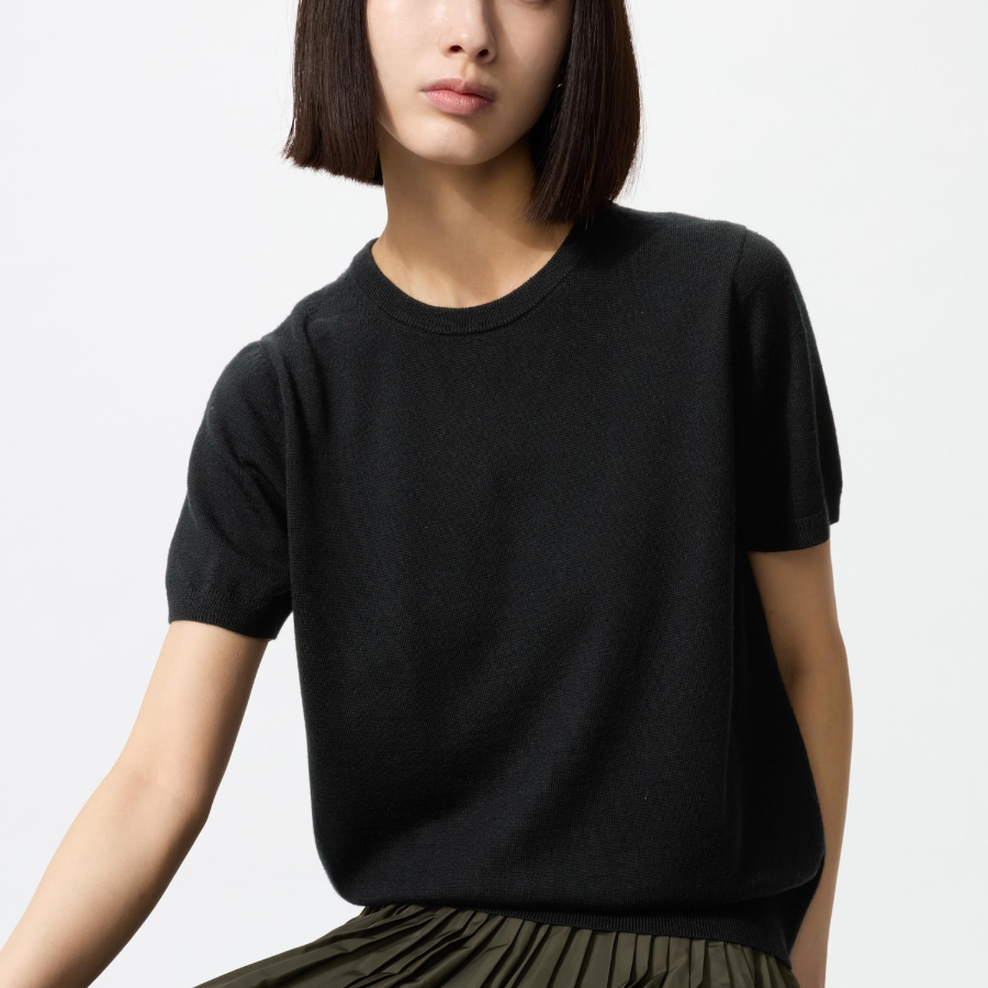 Uniqlo Шерстяной свитер с круглым вырезом и короткими рукавами