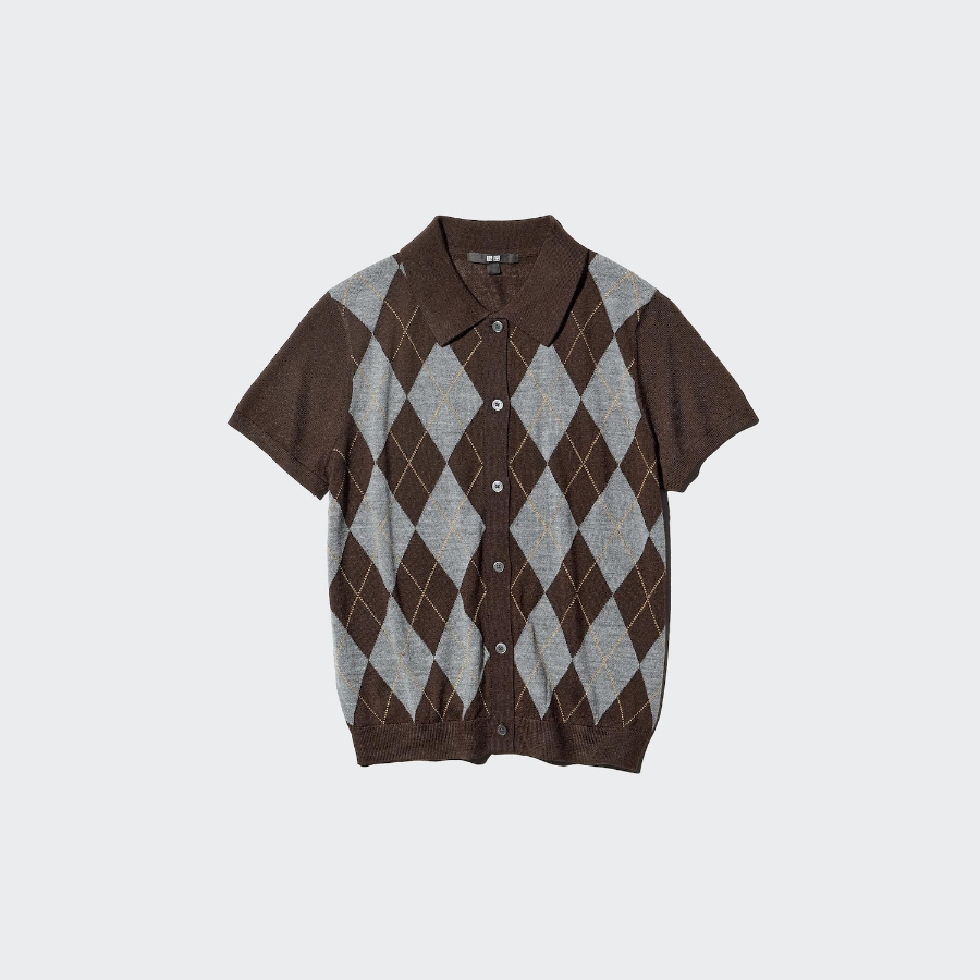 Uniqlo Кардиган-поло с короткими рукавами из смеси мериносовой шерсти, узор аргайл