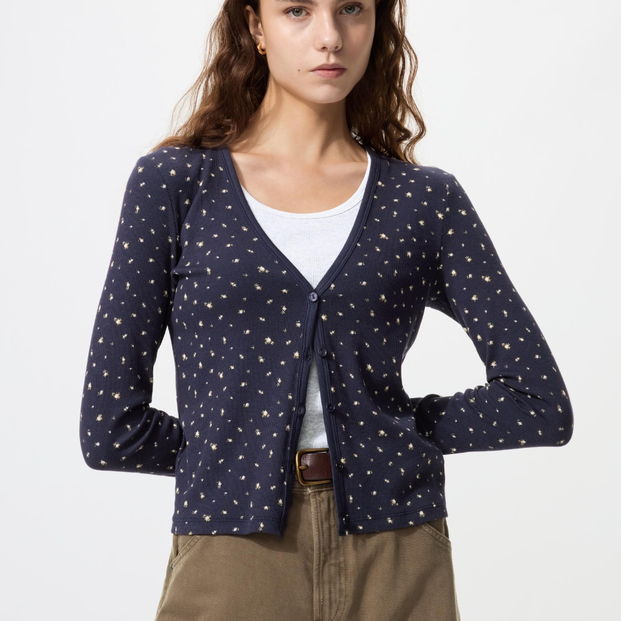 Uniqlo Кардиган в рубчик с V-образным вырезом и цветочным принтом